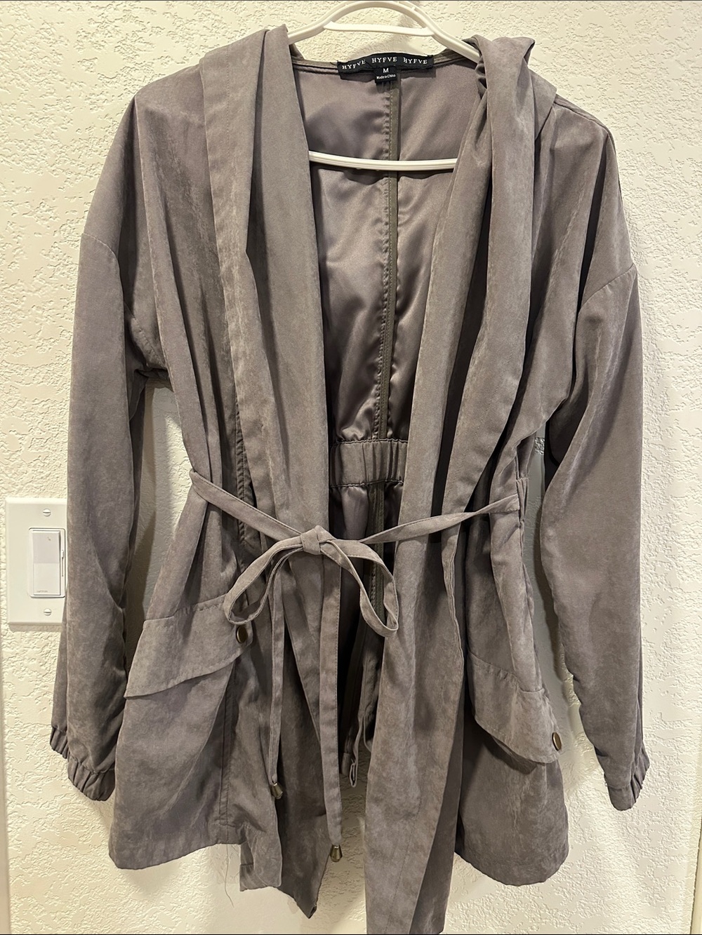 HYFVE Hooded Drawstring Trench Coat in Taupe Gray